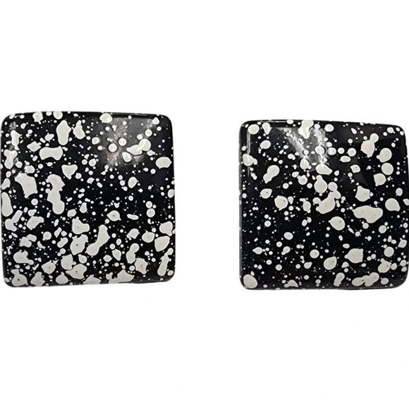Vintage White Paint Splatter Square Stud Earrings Black - Picture 1 of 2